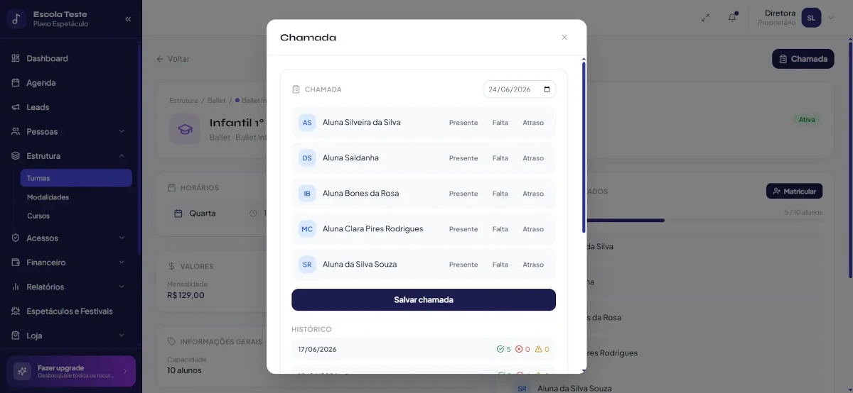 Tela de chamada de turma no GesDança
