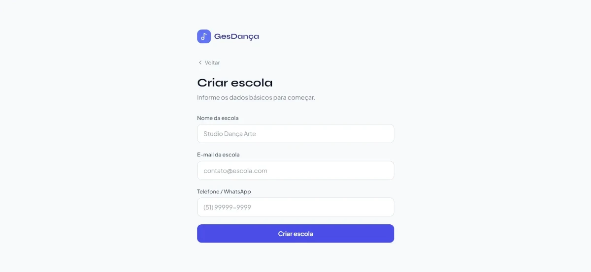 Tela de configuração da escola no GesDança